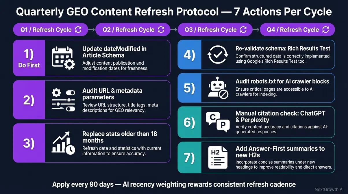 Calendar infographic showing the quarterly GEO content marketing refresh protocol with seven numbered maintenance actions per cycle