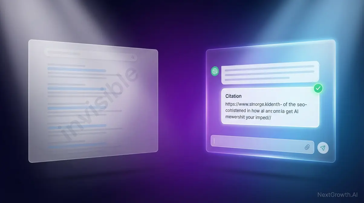 Traditional SEO results page fading while AI search interface displays cited content marketing results prominently
